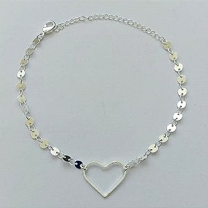 PULSEIRA FOLHEADA A PRATA COM 50 MILÉSIMOS + VERNIZ DIAMOND - PULSEIRA COM CORAÇÃO VAZADO 17MM E BOLINHAS LISAS - TAMANHO: 17CM + EXTENSOR E FECHO LAGOSTA (PRA076)  PRPS001092