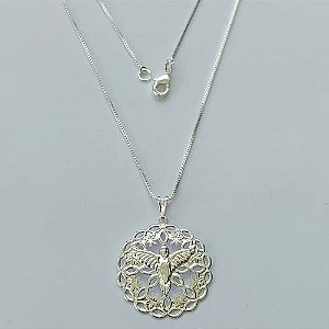 GARGANTILHA FOLHEADA A PRATA COM 50 MILÉSIMOS + VERNIZ DIAMOND - GARGANTILHA CORRENTE VENEZIANA 45CM PINGENTE ESPÍRITO SANTO 26MM E FECHO LAGOSTA (PRA081) PRGG001381
