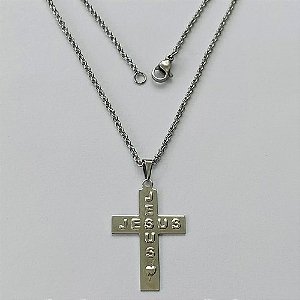 GARGANTILHA EM AÇO INOXIDÁVEL - (ACO1035) - GARGANTILHA (1035) PINGENTE CRUCIFIXO ESCRITO JESUS 22X32MM (E0994)- TAMANHO 50CM - FECHO LAGOSTA - COMPOSIÇÃO: AÇO INOXIDÁVEL - (AÇO1483) ACGG000283