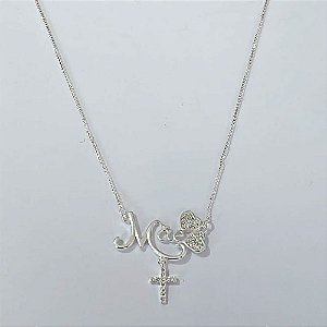 GARGANTILHA FOLHEADA A PRATA COM 50 MILÉSIMOS + VERNIZ DIAMOND - GARGANTILHA CORRENTE VENEZIANA 45CM PINGENTE MÃE COM CRUCIFIXO COM MICRO ZIRCÔNIAS E FECHO LAGOSTA PRGG001389