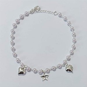 PULSEIRA FOLHEADA A PRATA COM 50 MILÉSIMOS + VERNIZ DIAMOND - PULSEIRA 17CM COM PÉROLAS E CORAÇÃO E ESTRELA PRPS001095