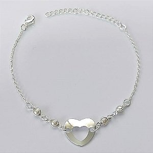 PULSEIRA FOLHEADO A PRATA COM 50 MILÉSIMOS + VERNIZ DIAMOND - PULSEIRA17CM CORAÇÃO VAZADO COM PÉROLAS + EXTENSOR FECHO LAGOSTA  - (PRA090)PRPS001098