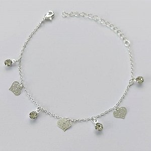 PULSEIRA FOLHEADO A PRATA COM 50 MILÉSIMOS + VERNIZ DIAMOND - PULSEIRA 17CM STRASS E CORAÇÕES DESENHADOS + EXTENSOR FECHO LAGOSTA   - (PRA094)PRPS001102