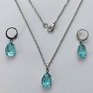 CONJUNTO EM AÇO INOXIDÁVEL - (AÇO03) CONJUNTO COM CORRENTE 50CM E BRINCOS ARGOLAS DE PRESSÃO COM PINGENTES EM ZIRCÔNIAS AZUIS 10X14MM - COMPOSIÇÃO: AÇO INOXIDÁVEL - (AÇO1639) ACCJ000041