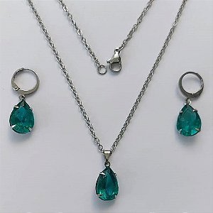 CONJUNTO EM AÇO INOXIDÁVEL - (AÇO03) CONJUNTO COM CORRENTE 50CM E BRINCOS ARGOLAS DE PRESSÃO COM PINGENTES EM ZIRCÔNIAS VERDES FUSION 10X14MM - COMPOSIÇÃO: AÇO INOXIDÁVEL - (AÇO1640)ACCJ000042