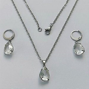 CONJUNTO EM AÇO INOXIDÁVEL - (AÇO03) CONJUNTO COM CORRENTE 50CM E BRINCOS ARGOLAS DE PRESSÃO COM PINGENTES EM ZIRCÔNIAS CRISTAL FUSION 10X14MM - COMPOSIÇÃO: AÇO INOXIDÁVEL - (AÇO1642)ACCJ000044