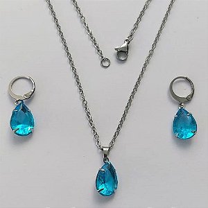 CONJUNTO EM AÇO INOXIDÁVEL - (AÇO03) CONJUNTO COM CORRENTE 50CM E BRINCOS ARGOLAS DE PRESSÃO COM PINGENTES EM ZIRCÔNIAS AZUÍS CLARO FUSION 10X14MM - COMPOSIÇÃO: AÇO INOXIDÁVEL - (AÇO1644)ACCJ000046