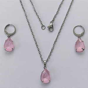 CONJUNTO EM AÇO INOXIDÁVEL - (AÇO03) CONJUNTO COM CORRENTE 50CM E BRINCOS ARGOLAS DE PRESSÃO COM PINGENTES EM RESINA ROSA 10X14MM - COMPOSIÇÃO: AÇO INOXIDÁVEL - (AÇO1649)ACCJ000050