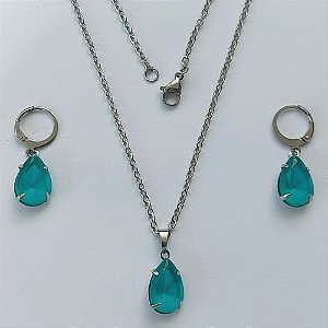 CONJUNTO EM AÇO INOXIDÁVEL - (AÇO03) CONJUNTO COM CORRENTE 50CM E BRINCOS ARGOLAS DE PRESSÃO COM PINGENTES EM RESINA VERDE 10X14MM - COMPOSIÇÃO: AÇO INOXIDÁVEL - (AÇO1650) ACCJ000051
