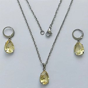 CONJUNTO EM AÇO INOXIDÁVEL - (AÇO03) CONJUNTO COM CORRENTE 50CM E BRINCOS ARGOLAS DE PRESSÃO COM PINGENTES EM ZIRCÔNIAS AMARELAS 10X14MM - COMPOSIÇÃO: AÇO INOXIDÁVEL - (AÇO1658) ACCJ000059