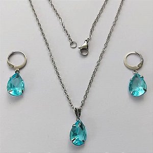 CONJUNTO EM AÇO INOXIDÁVEL - (AÇO03) CONJUNTO COM CORRENTE 50CM E BRINCOS ARGOLAS DE PRESSÃO COM PINGENTES EM ZIRCÔNIAS AZUÍS CLARAS  10X14MM - COMPOSIÇÃO: AÇO INOXIDÁVEL - (AÇO1659) ACCJ000060