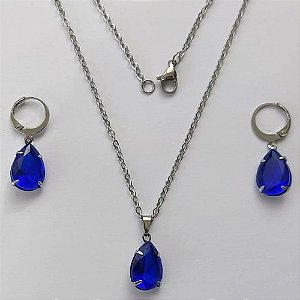 CONJUNTO EM AÇO INOXIDÁVEL - (AÇO03) CONJUNTO COM CORRENTE 50CM E BRINCOS ARGOLAS DE PRESSÃO COM PINGENTES EM ZIRCÔNIAS AZUÍS ESCUROS  10X14MM - COMPOSIÇÃO: AÇO INOXIDÁVEL - (AÇO1660) ACCJ000062