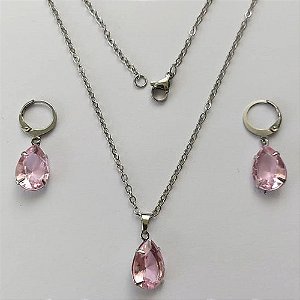 CONJUNTO EM AÇO INOXIDÁVEL - (AÇO03) CONJUNTO COM CORRENTE 50CM E BRINCOS ARGOLAS DE PRESSÃO COM PINGENTES EM ZIRCÔNIAS ROSAS  10X14MM - COMPOSIÇÃO: AÇO INOXIDÁVEL - (AÇO1661) ACCJ000063