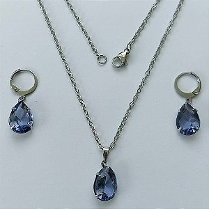 CONJUNTO EM AÇO INOXIDÁVEL - (AÇO03) CONJUNTO COM CORRENTE 50CM E BRINCOS ARGOLAS DE PRESSÃO COM PINGENTES EM ZIRCÔNIAS LILÁS  10X14MM - COMPOSIÇÃO: AÇO INOXIDÁVEL - (AÇO1662) ACCJ000064