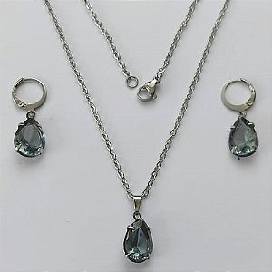CONJUNTO EM AÇO INOXIDÁVEL - (AÇO03) CONJUNTO COM CORRENTE 50CM E BRINCOS ARGOLAS DE PRESSÃO COM PINGENTES EM ZIRCÔNIAS CINZAS 10X14MM - COMPOSIÇÃO: AÇO INOXIDÁVEL - (AÇO1666) ACCJ000069
