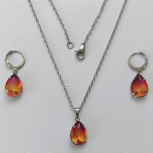 CONJUNTO EM AÇO INOXIDÁVEL - (AÇO03) CONJUNTO COM CORRENTE 50CM E BRINCOS ARGOLAS DE PRESSÃO COM PINGENTES EM ZIRCÔNIAS LARANJA COM ROSA 10X14MM - COMPOSIÇÃO: AÇO INOXIDÁVEL - (AÇO1670) ACCJ000073
