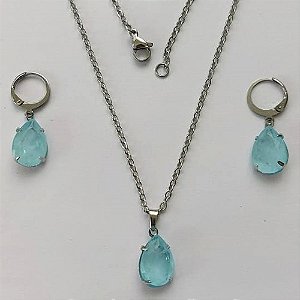 CONJUNTO EM AÇO INOXIDÁVEL - (AÇO03) CONJUNTO COM CORRENTE 50CM E BRINCOS ARGOLAS DE PRESSÃO COM PINGENTES EM ZIRCÔNIAS AZUÍS 10X14MM - COMPOSIÇÃO: AÇO INOXIDÁVEL - (AÇO1673)ACCJ000076