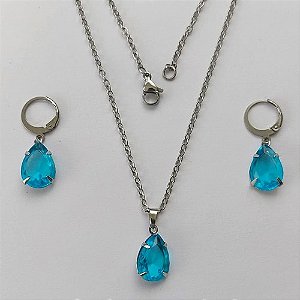 CONJUNTO EM AÇO INOXIDÁVEL - (AÇO03) CONJUNTO COM CORRENTE 50CM E BRINCOS ARGOLAS DE PRESSÃO COM PINGENTES EM ZIRCÔNIAS AZUÍS  10X14MM - COMPOSIÇÃO: AÇO INOXIDÁVEL - (AÇO1674) ACCJ000077