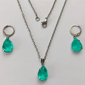 CONJUNTO EM AÇO INOXIDÁVEL - (AÇO03) CONJUNTO COM CORRENTE 50CM E BRINCOS ARGOLAS DE PRESSÃO COM PINGENTES EM ZIRCÔNIAS VERDES 10X14MM - COMPOSIÇÃO: AÇO INOXIDÁVEL - (AÇO1675) ACCJ000078
