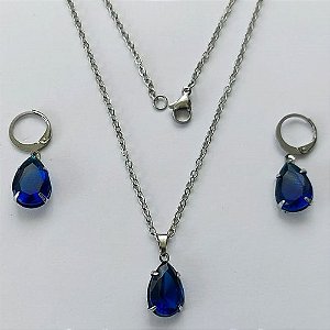 CONJUNTO EM AÇO INOXIDÁVEL - (AÇO03) CONJUNTO COM CORRENTE 50CM E BRINCOS ARGOLAS DE PRESSÃO COM PINGENTES EM ZIRCÔNIAS AZUÍS ESCUROS 10X14MM - COMPOSIÇÃO: AÇO INOXIDÁVEL - (AÇO1676) ACCJ000079
