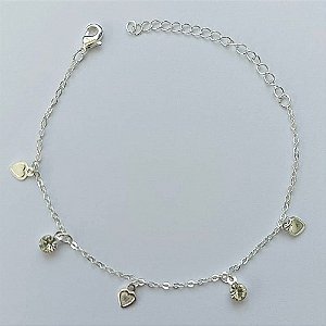 PULSEIRA FOLHEADA A PRATA COM 50 MILÉSIMOS + VERNIZ DIAMOND - PULSEIRA COM CORAÇÕES E STRASS  - TAMANHO: 16CM + EXTENSOR E  FECHO LAGOSTA (PRA102) PRPS001108