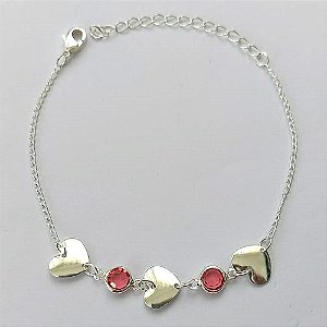 PULSEIRA FOLHEADA A PRATA COM 50 MILÉSIMOS + VERNIZ DIAMOND - PULSEIRA COM CORAÇÕES - TAMANHO: 16CM + EXTENSOR E FECHO LAGOSTA - (PRA108) PRPS001114