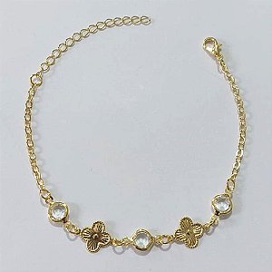 PULSEIRA FOLHEADA A OURO - BANHADO COM 3 MILÉSIMOS + VERNIZ DIAMOND - PULSEIRA 16CM COM TREVO E PEDRA CRISTAL OUPS000051