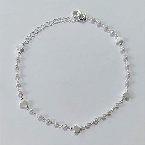 PULSEIRA FOLHEADA A PRATA COM 50 MILÉSIMOS + VERNIZ DIAMOND 17CM PÉROLAS COM CORAÇÕES LISOS + EXTENSOR PRPS001115