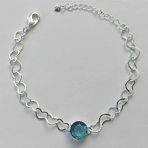 PULSEIRA FOLHEADA A PRATA COM 50 MILÉSIMOS + VERNIZ DIAMOND - CORRENTE CORAÇÃO 17CM + EXTENSOR E FECHO LAGOSTA - PINGENTE EM ZIRCÔNIA AZUL CLARA 9MM (PRA154) PRPS001116