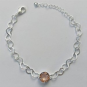 PULSEIRA FOLHEADA A PRATA COM 50 MILÉSIMOS + VERNIZ DIAMOND - CORRENTE CORAÇÃO 17CM + EXTENSOR E FECHO LAGOSTA - PINGENTE EM ZIRCÔNIA SALMÃO 9MM (PRA153) PRPS001117