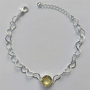 PULSEIRA FOLHEADA A PRATA COM 50 MILÉSIMOS + VERNIZ DIAMOND - CORRENTE CORAÇÃO 17CM + EXTENSOR E FECHO LAGOSTA - PINGENTE EM ZIRCÔNIA AMARELO 9MM (PRA150) PRPS001120