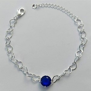 PULSEIRA FOLHEADA A PRATA COM 50 MILÉSIMOS + VERNIZ DIAMOND - CORRENTE CORAÇÃO 17CM + EXTENSOR E FECHO LAGOSTA - PINGENTE EM ZIRCÔNIA AZUL ESCURO 9MM (PRA148) PRPS001122