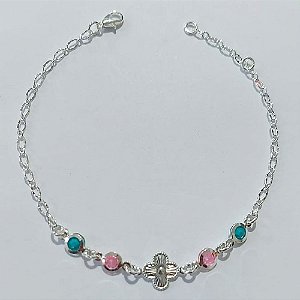 PULSEIRA FOLHEADA A PRATA COM 50 MILÉSIMOS + VERNIZ DIAMOND PULSEIRA 19CM TREVO COM PEDRAS CRISTAIS COLORIDAS PRPS001123
