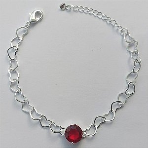 PULSEIRA FOLHEADA A PRATA COM 50 MILÉSIMOS + VERNIZ DIAMOND - CORRENTE CORAÇÃO 17CM + EXTENSOR E FECHO LAGOSTA - PINGENTE EM ZIRCÔNIA VERMELHA 9MM (PRA145) PRPS001125