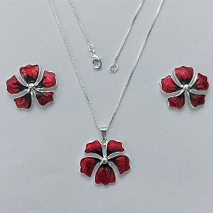 CONJUNTO FOLHEADO A PRATA COM 50 MILÉSIMOS + VERNIZ DIAMOND - CONJUNTO COM CORRENTE VENEZIANA 45CM - BRINCOS DE PINO E PINGENTES EM FLORES ESMALTADAS VERMELHO COM PRETO 17X20MM - (PRA163) PRCJ000156