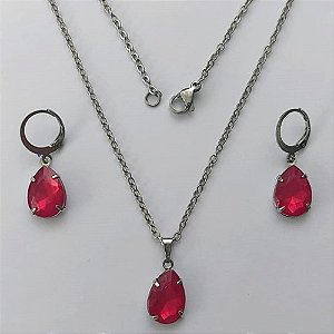 CONJUNTO EM AÇO INOXIDÁVEL - (AÇO03) GARGANTILHA COM CORRENTE 50CM E PINGENTE EM RESINA ROSA 3X7MM - COMPOSIÇÃO: AÇO INOXIDÁVEL - (AÇO1805) ACCJ000086