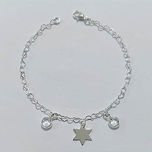 PULSEIRA FOLHEADA A PRATA COM 50 MILÉSIMOS + VERNIZ DIAMOND - PULSEIRA COM CORRENTE CORAÇÃO COM PEDRAS CRISTAIS E ESTRELA LISA - TAMANHO: 17CM PRPS001128