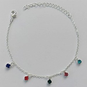 PULSEIRA FOLHEADA A PRATA COM 50 MILÉSIMOS + VERNIZ DIAMOND - PULSEIRA COM STRASS COLORIDOS - TAMANHO: 16CM + EXTENSOR E  FECHO LAGOSTA (PRA172) PRPS001128