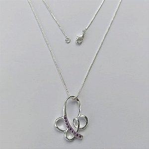 GARGANTILHA FOLHEADA A PRATA COM 50 MILÉSIMOS + VERNIZ DIAMOND- GARGANTILHA CORRENTE VENEZIANA 45CM PINGENTE BORBOLETA COM MICRO ZIRCÔNIAS LILÁS 22X18MM - FECHO LAGOSTA (PRA178) PRGG001404