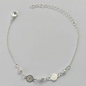 PULSEIRA FOLHEADA A PRATA COM 50 MILÉSIMOS + VERNIZ DIAMOND - PULSEIRA PINGENTE RELIGIOSO + PÉROLAS - TAMANHO: 16CM + EXTENSOR E  FECHO LAGOSTA (PRA186) PRPS001129