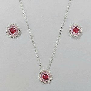 CONJUNTO FOLHEADO A PRATA COM 50 MILÉSIMOS  + VERNIZ DIAMOND CORRENTE CADEADO 45CM PINGENTE E BRINCOS DE PINOS REDONDO COM ZIRCÔNIA ROSA E CRAVEJADO EM MICROS ZIRCÔNIAS CRISTAIS 13MM PRCJ000160