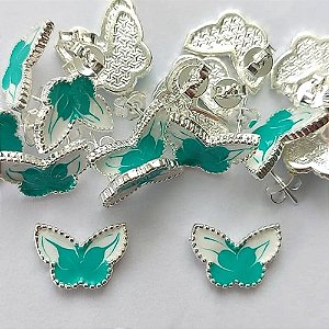 BRINCO FOLHEADO A PRATA COM 50 MILÉSIMOS + VERNIZ DIAMOND - BRINCO DE PINO BORBOLETA VERDE COM BRANCA 8MM (PRA208) PRBR001115