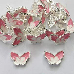 BRINCO FOLHEADO A PRATA COM 50 MILÉSIMOS + VERNIZ DIAMOND - BRINCO DE PINO BORBOLETA ROSA COM BRANCA 8MM PRA213 PRBR001118