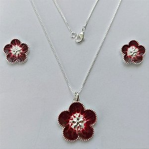 CONJUNTO FOLHEADO A PRATA COM 50 MILÉSIMOS + VERNIZ DIAMOND - CONJUNTO COM CORRENTE VENEZIANA 45CM - BRINCOS DE PINO FLOR ESMALTADA 15MM E PINGENTE EM FLOR ESMALTADA VERMELHO E BRANCO 23MM - (PRA228) PRCJ000181