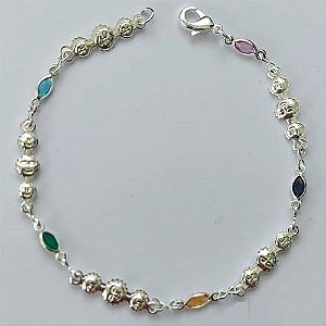 PULSEIRA FOLHEADA A PRATA COM 50 MILÉSIMOS + VERNIZ DIAMOND - PULSEIRA COM CRISTAIS COLORIDOS - TAMANHO: 17CM E  FECHO LAGOSTA (PRA244) PRPS001135