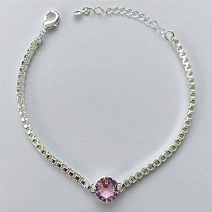 PULSEIRA FOLHEADA A PRATA COM 50 MILÉSIMOS + VERNIZ DIAMOND - PULSEIRA COM CORRENTE QUADRADINHA 3MM COM PEDRA EM ZIRCÔNIA REDONDA 10X10MM - TAMANHO: 18CM + EXTENSOR E FECHO LAGOSTA (ESCOLHA A COR) (PRA245) PRPS001137