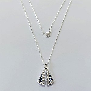 GARGANTILHA FOLHEADA A PRATA COM 50 MILÉSIMOS + VERNIZ DIAMOND - GARGANTILHA CORRENTE VENEZIANA 45CM PINGENTE NOSSA SENHORA APARECIDA COM MICROS ZIRCÔNIAS 19MM PRGG001420