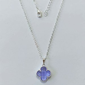 GARGANTILHA FOLHEADA A PRATA COM 50 MILÉSIMOS + VERNIZ DIAMOND - GARGANTILHA CORRENTE VENEZIANA 45CM PINGENTE TREVO LILÁS 13MM PRGG001422