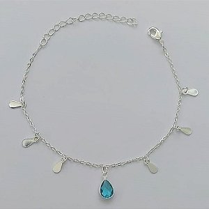 PULSEIRA FOLHEADA A PRATA COM 50 MILÉSIMOS + VERNIZ DIAMOND - PULSEIRA 18CM + EXTENSOR COM ELEMENTOS E PINGENTE ESTILO GOTA AZUL - (PRA271) PRPS001142