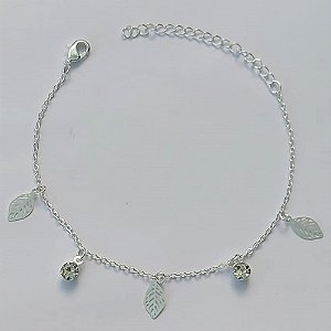 PULSEIRA FOLHEADA A PRATA COM 50 MILÉSIMOS + VERNIZ DIAMOND - PULSEIRA 16CM + EXTENSOR COM STRASS E FOLHAS VAZADAS - (PRA274) PRPS001144